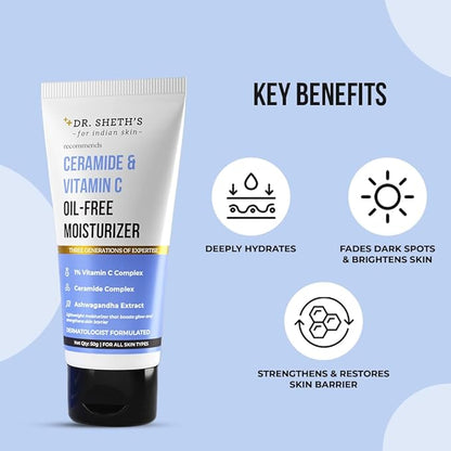 Dr. Sheth's Ceramide & Vitamin C Oil - Free Moisturizer| Lightweight Moisturizer to Hydrate & Brighten Skin | With Vitamin C, Ceramide & Ashwagandha | For Women & Men | 50g