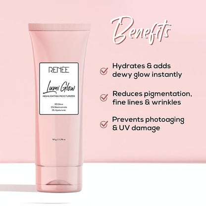 RENEE Lumi Glow Highlighting Moisturizer, Enriched with 3% Niacinamide & 1% Hyaluronic Acid, Prevents Photoaging & UV Damage, Reduces Pigmentation, Fine Lines & Wrinkles, Non-Sticky Glowing Skin - 50g