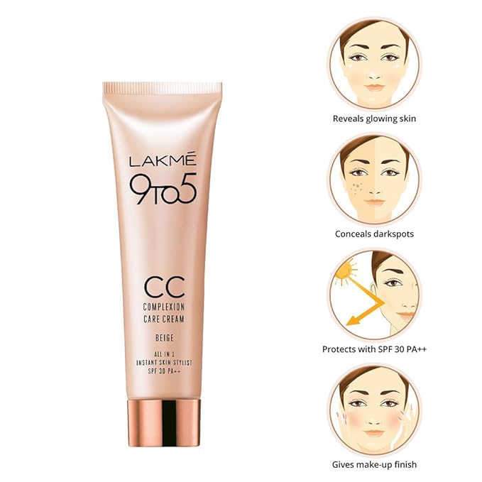 LAKMÉ 9 To 5 Cc Cream Mini|| 01-Beige|| Light Face Makeup With Natural Coverage For All Skin|| Spf 30-Tinted Moisturizer To Brighten Skin|| Conceal Dark Spots|| 9 G,1 Count